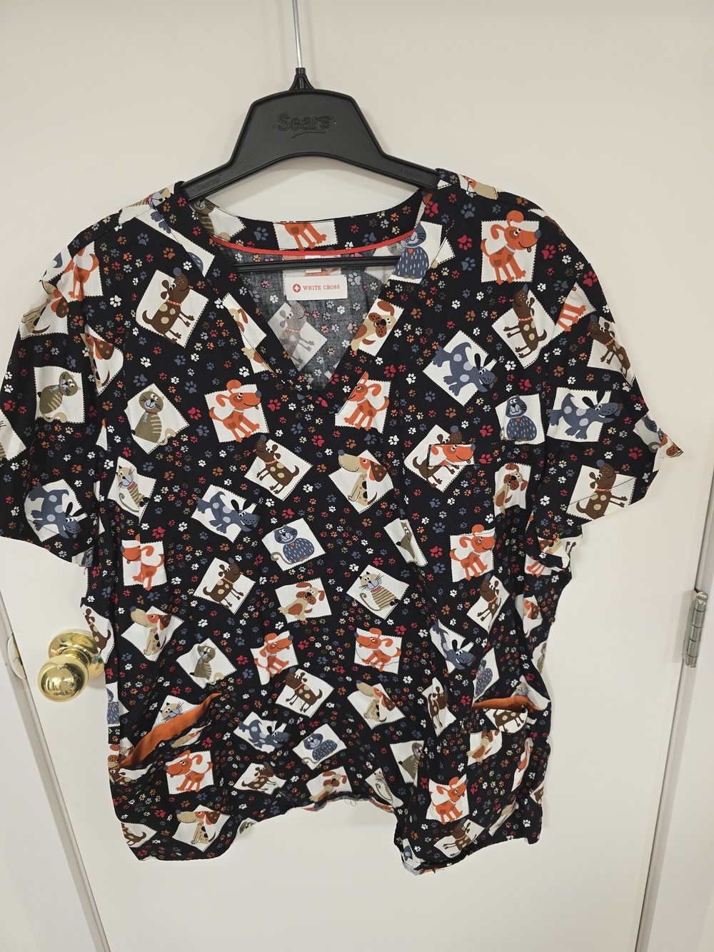Womens Scrub Top Animal Patch V-Neck- Black/Orange/Brown